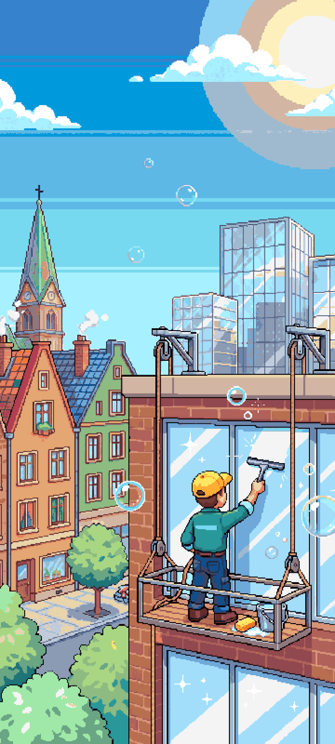 A window cleaner in a yellow cap works from a hanging platform on a brick building, the old town and glass towers behind